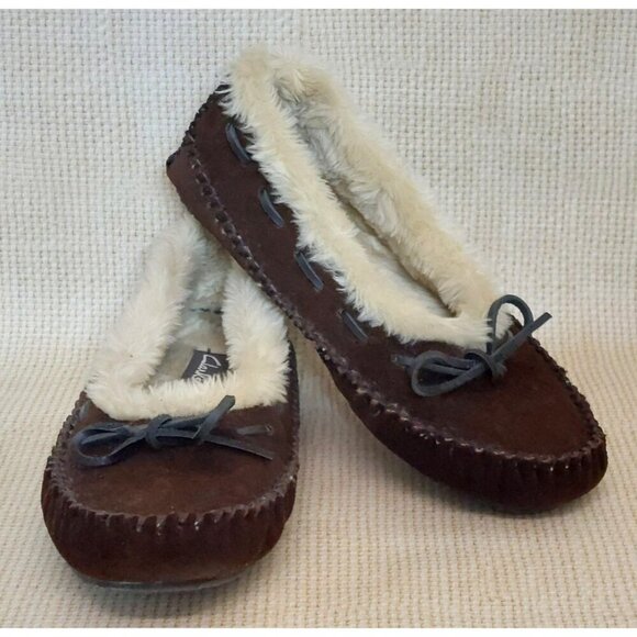 Clarks Brown Suede Leather Ladies Slip On Moccasins Shoes Slippers Size 9 Faux F - Picture 1 of 10